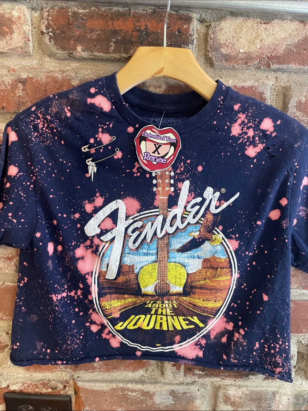 Fender Navy with Pink Splatter Acoustic Guitar Crop Tee